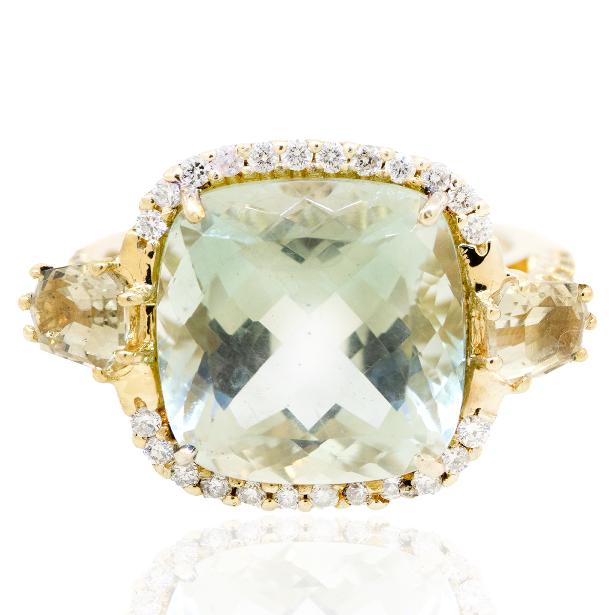 18KY 10.30 gm. Green Amethyst, Citrine & Diamond Ring