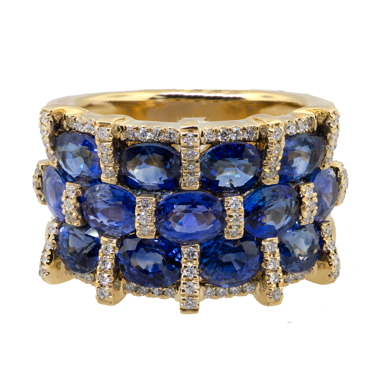 18KY 15.60 gm. Fancy Sapphire & Diamond Ring 3-Row