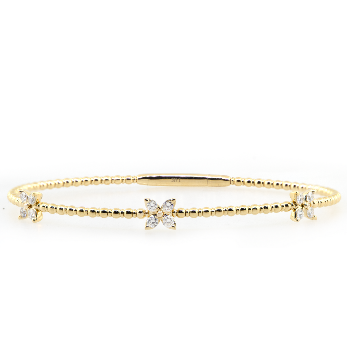 14KY 4.80 gm. Flexible Bangle Bracelet w/ 3 Diamond Flower Sections