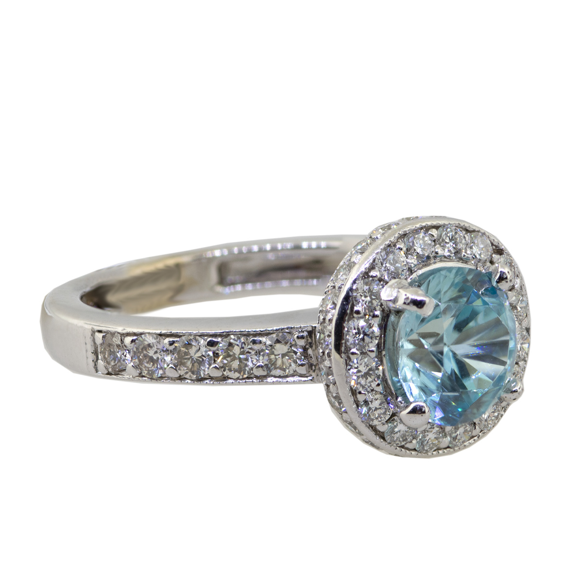 14KW 4.20 gm. Blue Zircon and Diamond Halo Ring BL 1=1.57ct