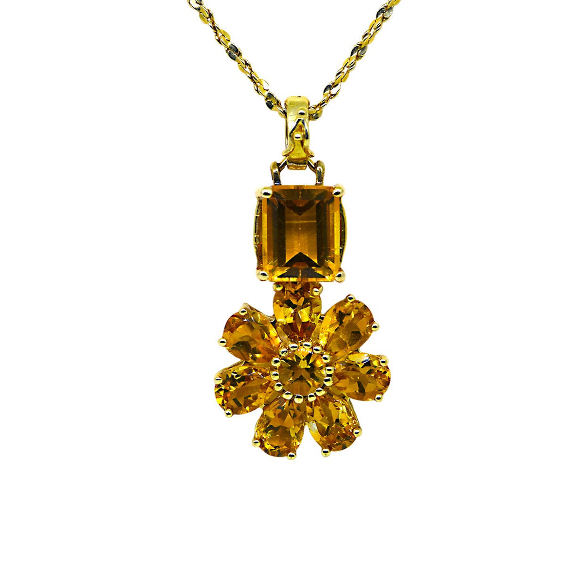 Citrine Flower Pendant with Diamond Bail and Yellow Gold Chain