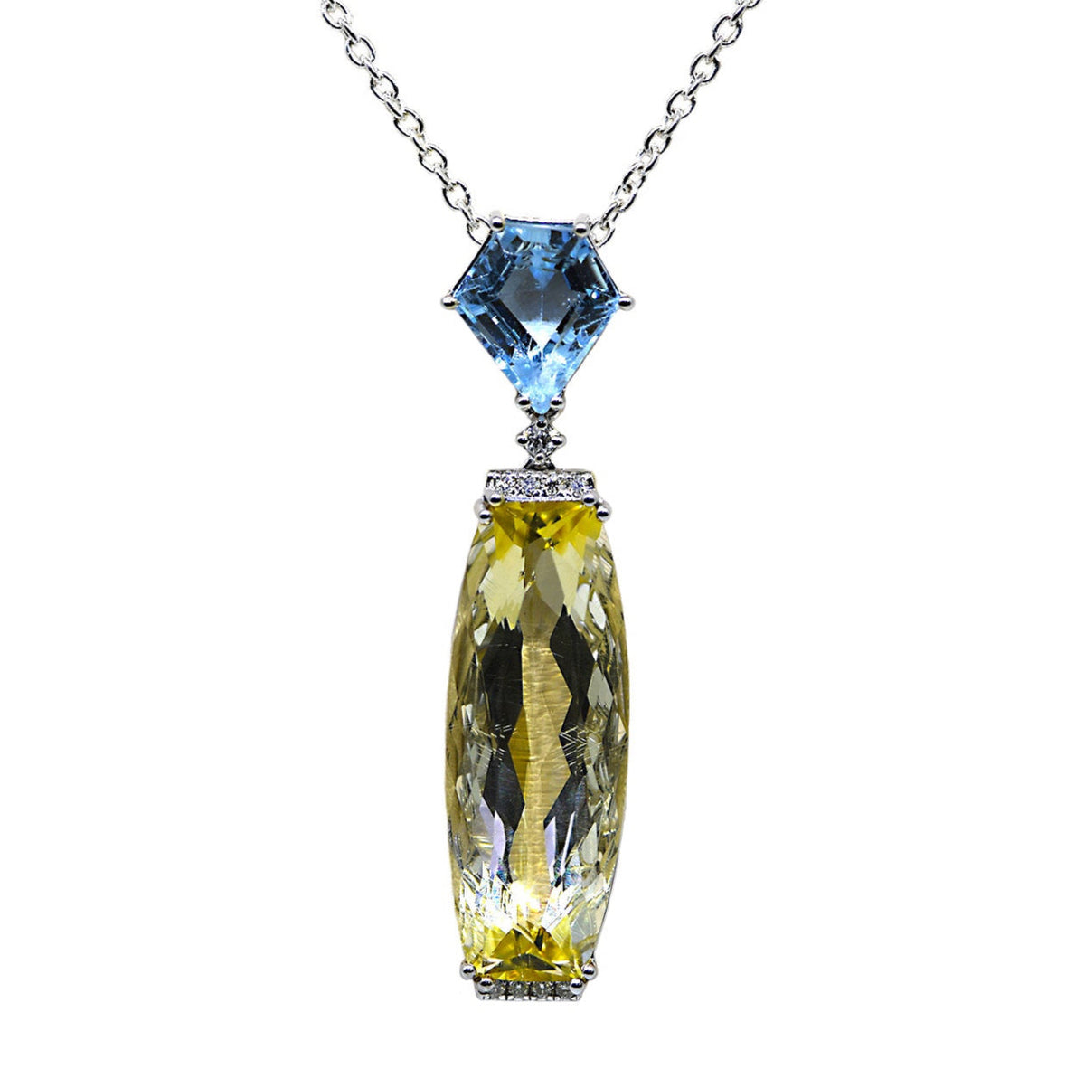 Aquamarine, Scapolite, & Diamond Pendant