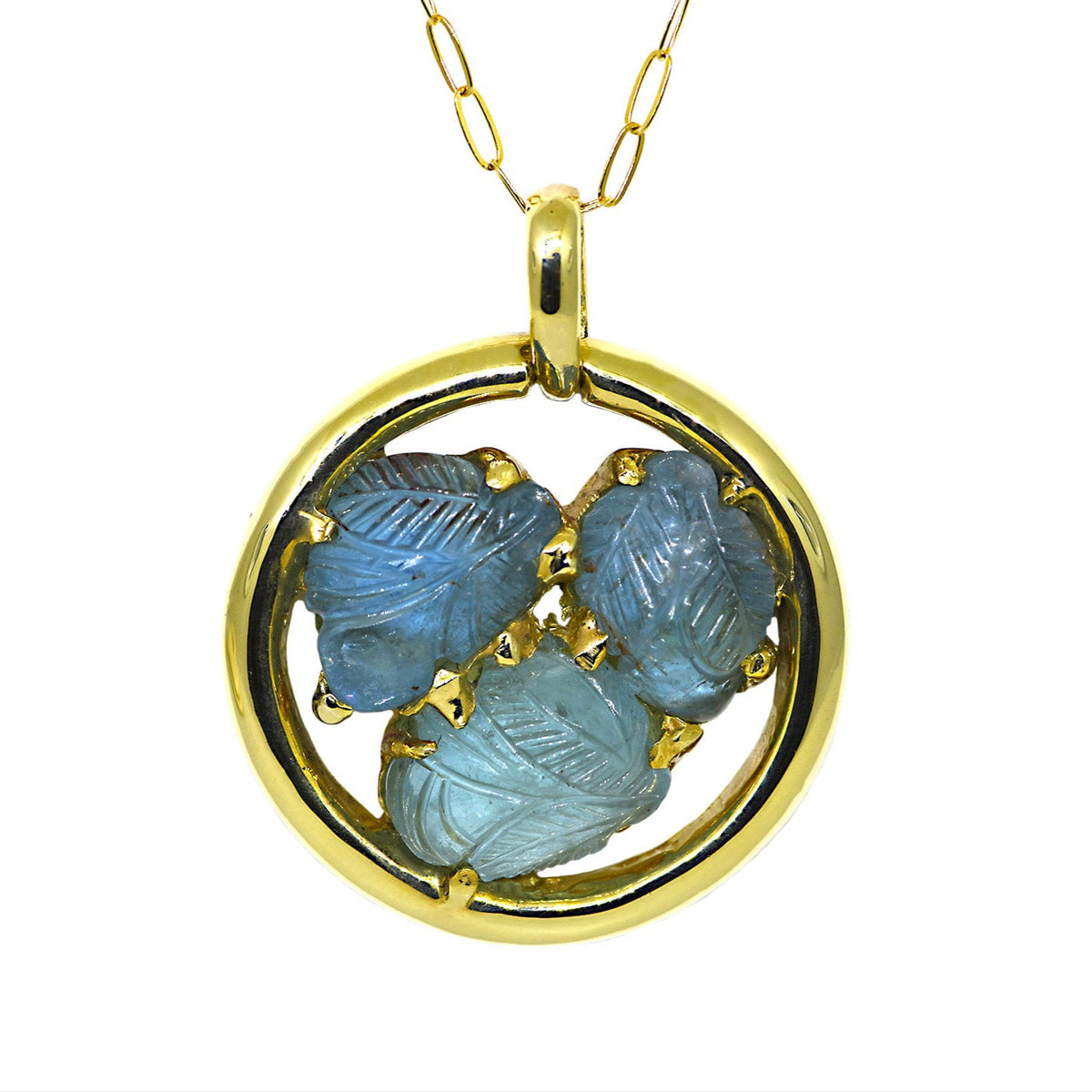 Circle Pendant With 3 Aquamarine Leaves