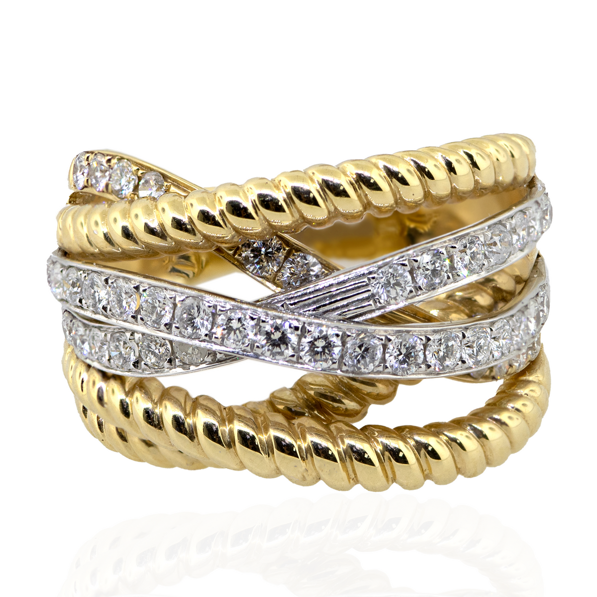 14K YELLOW & WHITE GOLD 5-ROW BYPASS RING w/ DIAMONDS