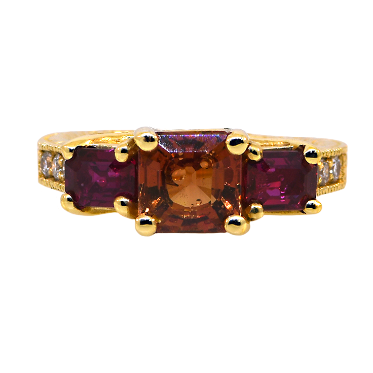14KY Orange Sapphire and Ruby Ring with Diamonds