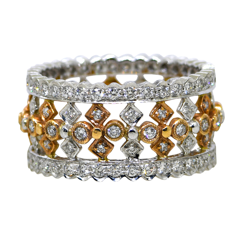 Two diamond-studded rings with gold and silver bands on a white background