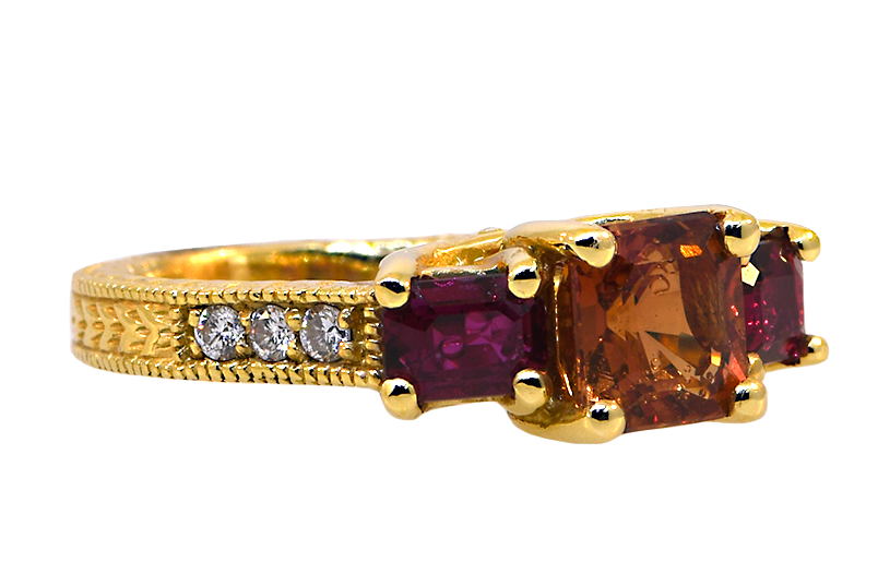 14KY Orange Sapphire and Ruby Ring with Diamonds