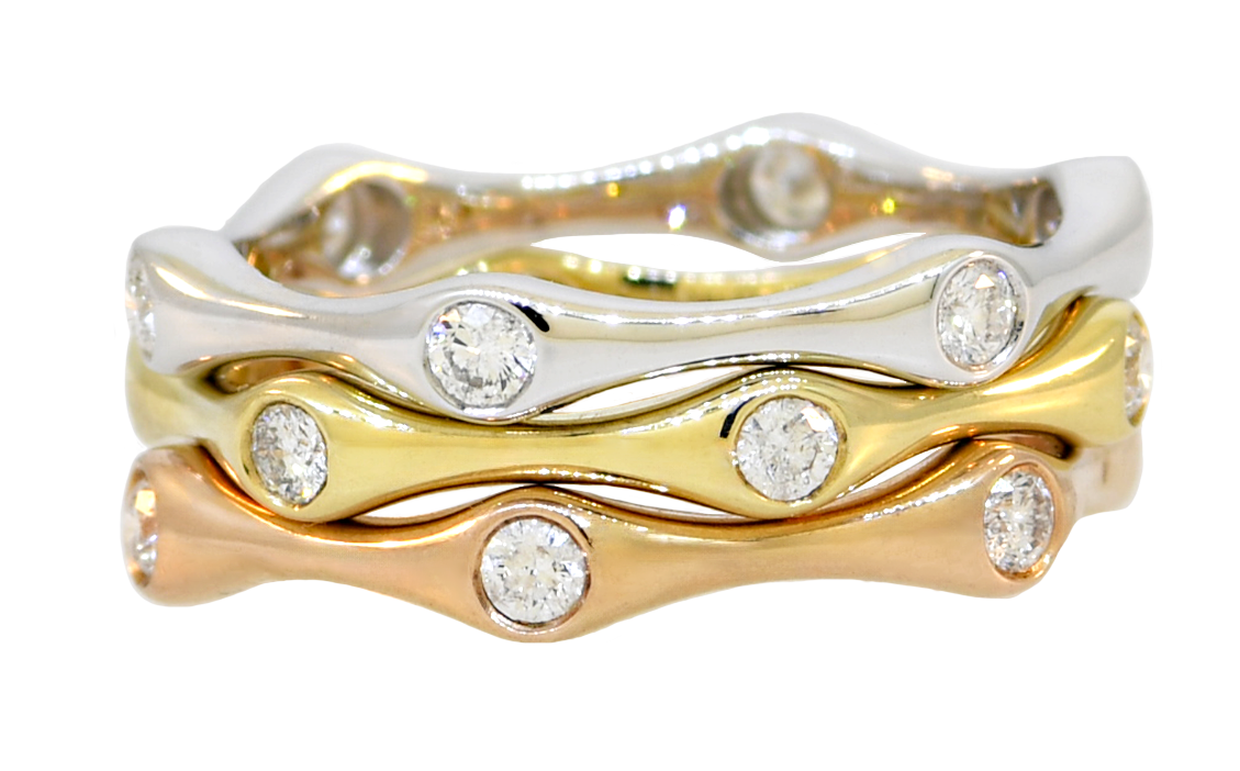3 Bamboo Style Diamond Bands 14K Tri Gold