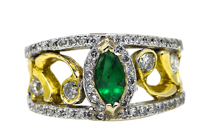 14K Two Tone Emerald and Diamond Gold Ring
