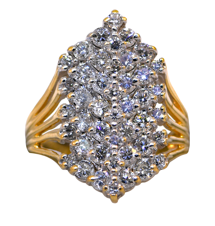 Gold ring with a cluster of diamonds on a white background