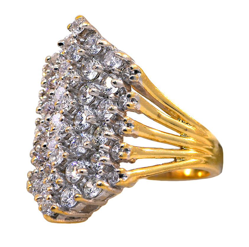 Gold ring with diamond accents on a white background