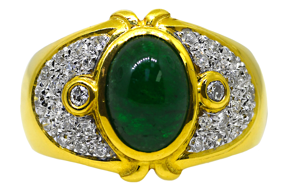 18K Emerald Cabochon & Diamond Ring
