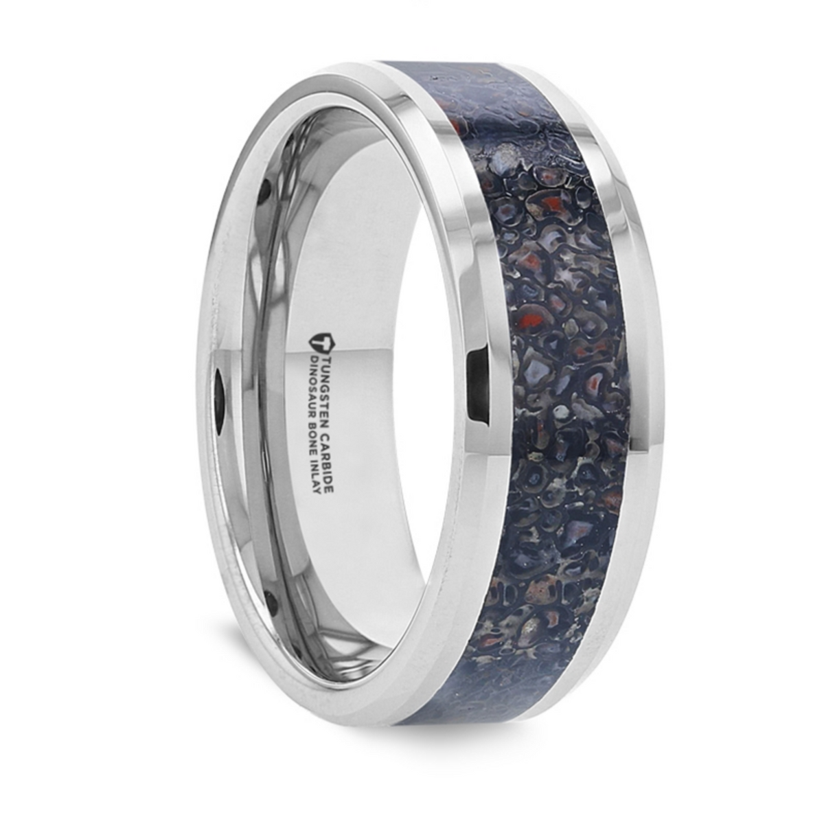 Dracarys Tungsten Ring Black Dinosaur Inlay with Polished Bevel Edges