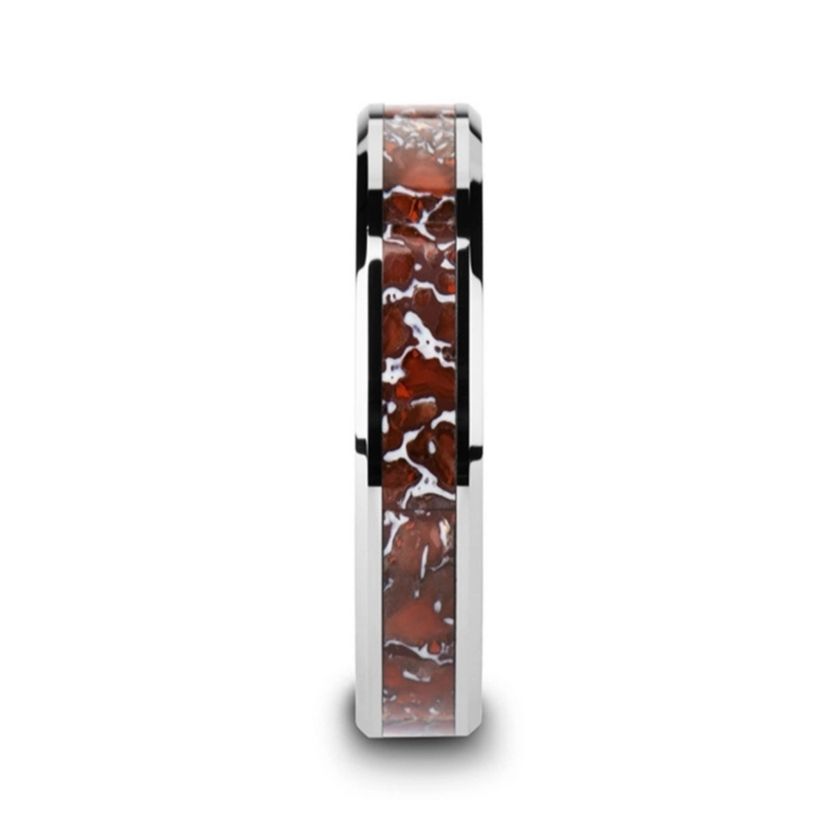 Jurassic Red Dinosaur Bone Inlaid Tungsten Carbide Beveled Edged Ring