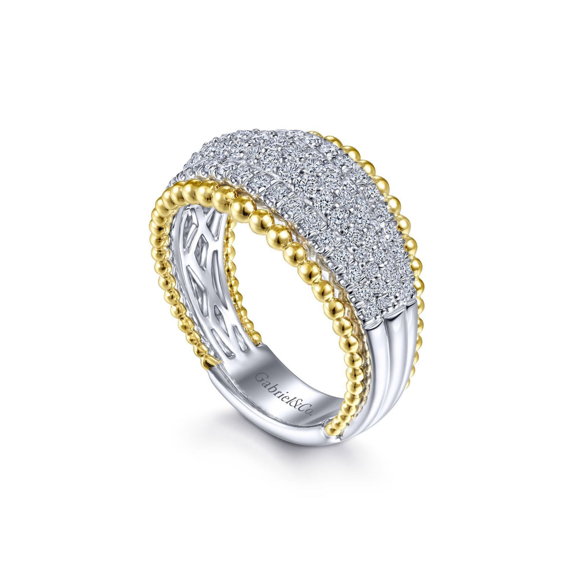 14K White-Yellow Gold Wide Diamond Pavé Band with Bujukan Bead Border