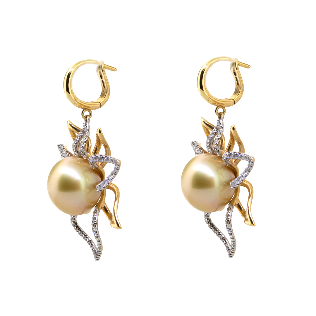 18K Dangle Earrings with 13-mm Gold South Sea Pearls & Diamonds