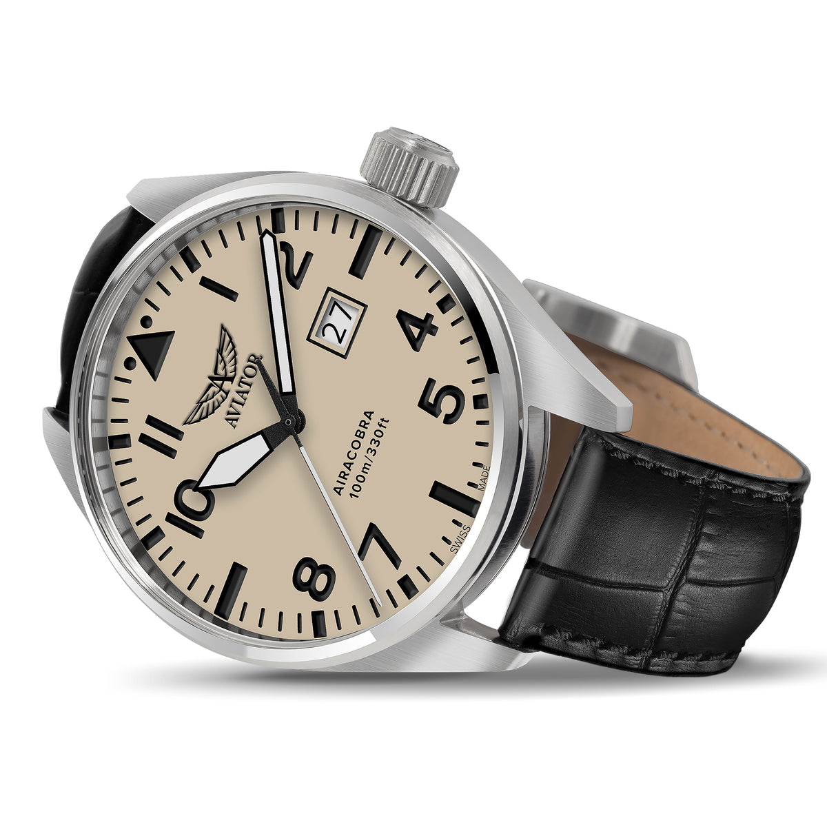 Aviator Airacobra P42 watch with brown leather strap