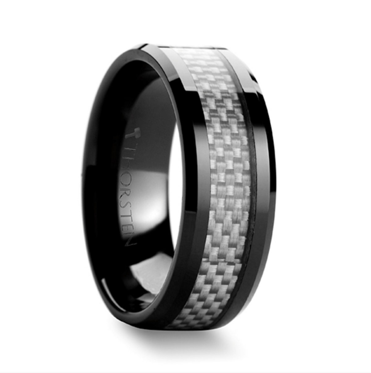 Mystique Beveled Ceramic Ring with White Carbon Fiber Inlaid