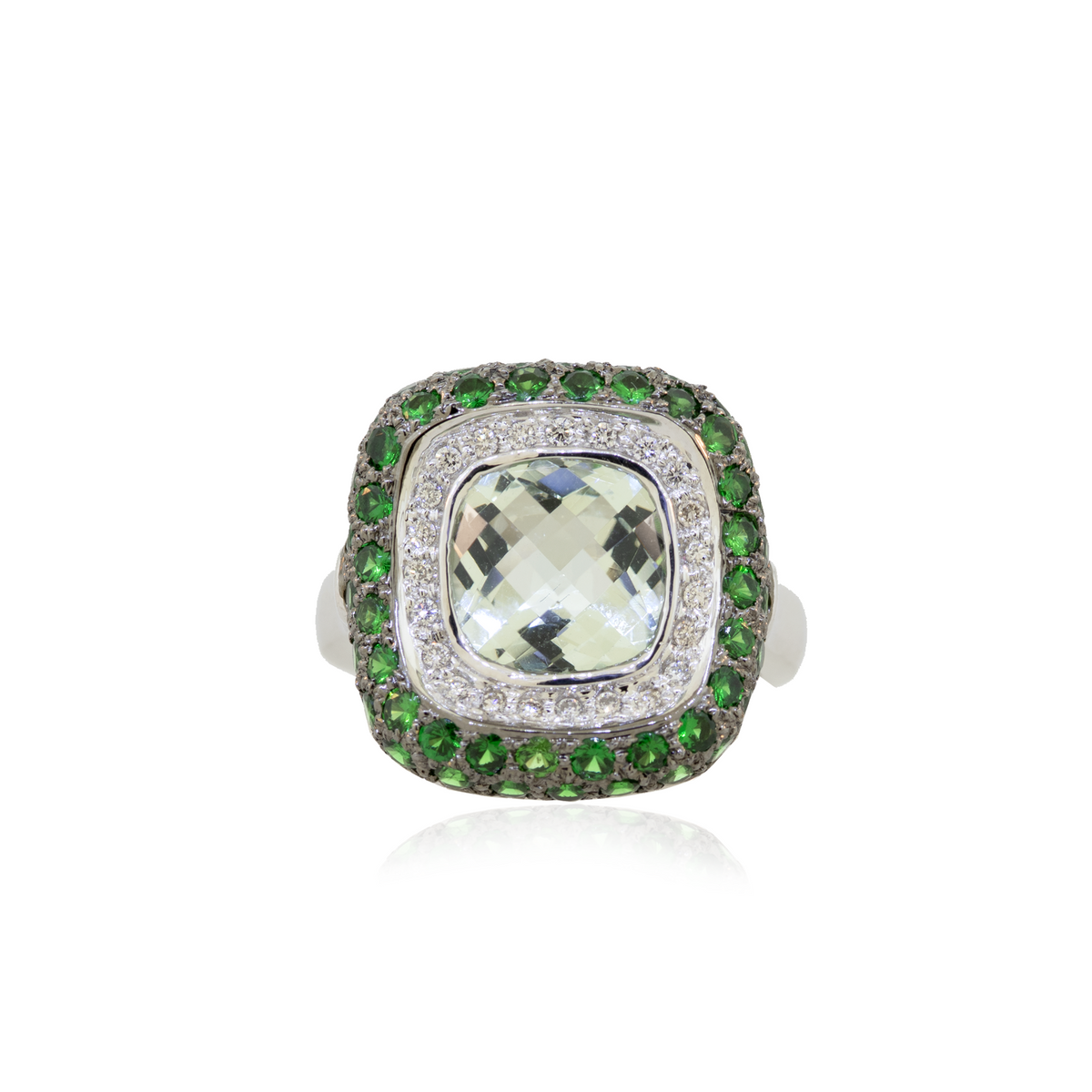 18K White Gold Ring With Diamond, Tsavorite and Green Beryl Ring