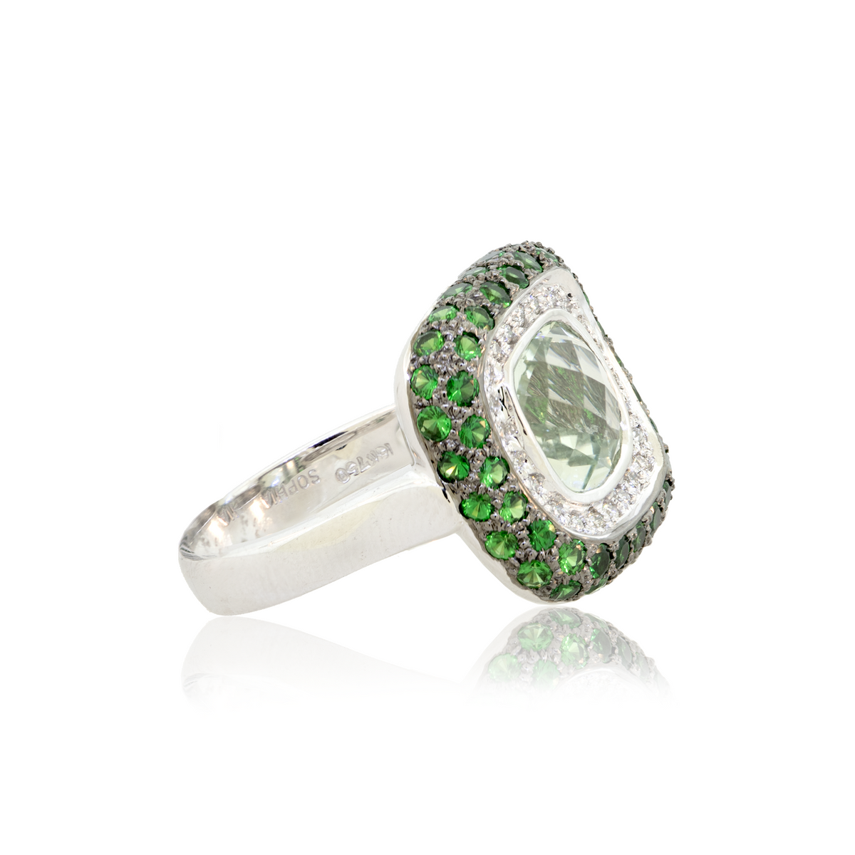 18K White Gold Ring With Diamond, Tsavorite and Green Beryl Ring