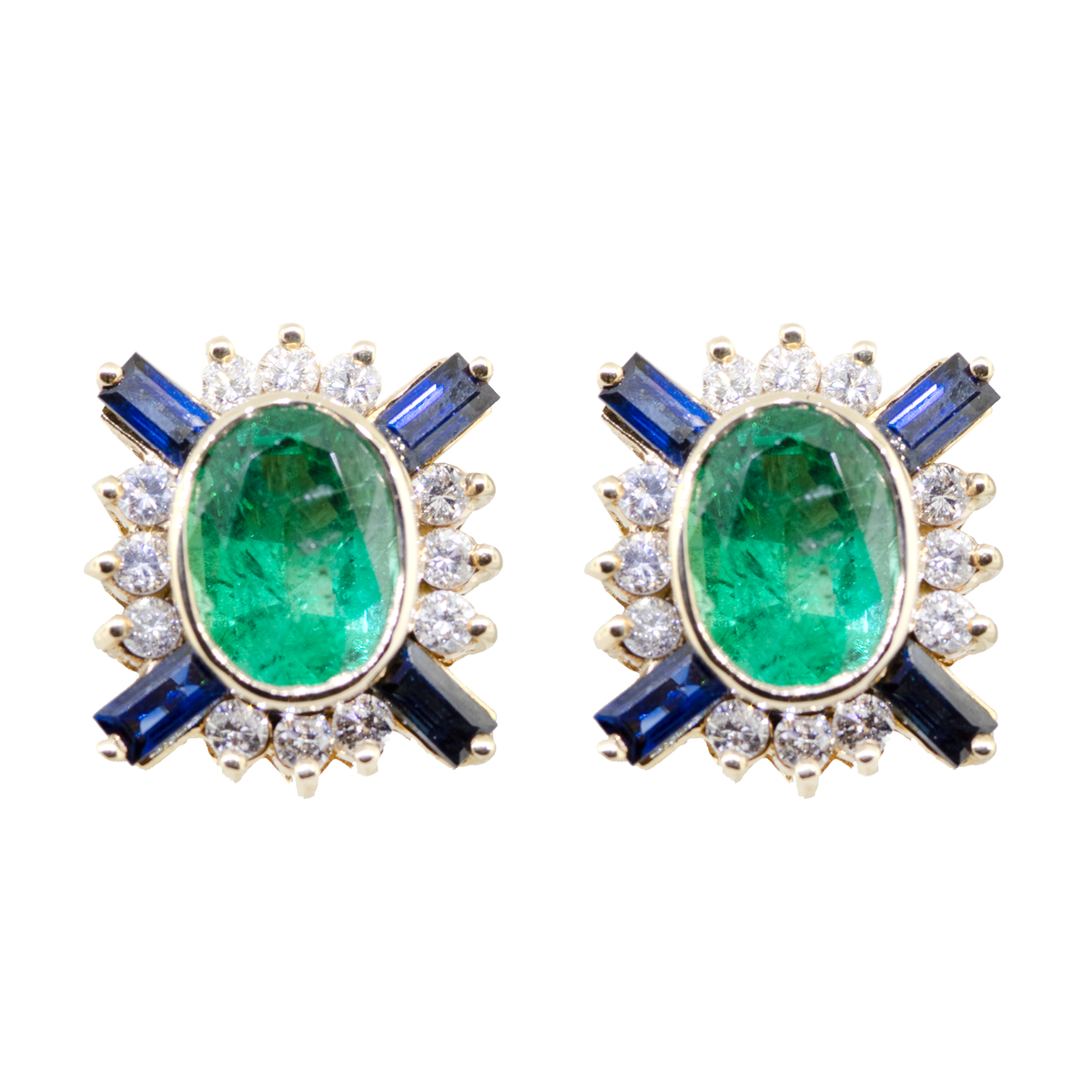 18KY 7.40 gm. Sapphire, Diamond, Emerald Earrings