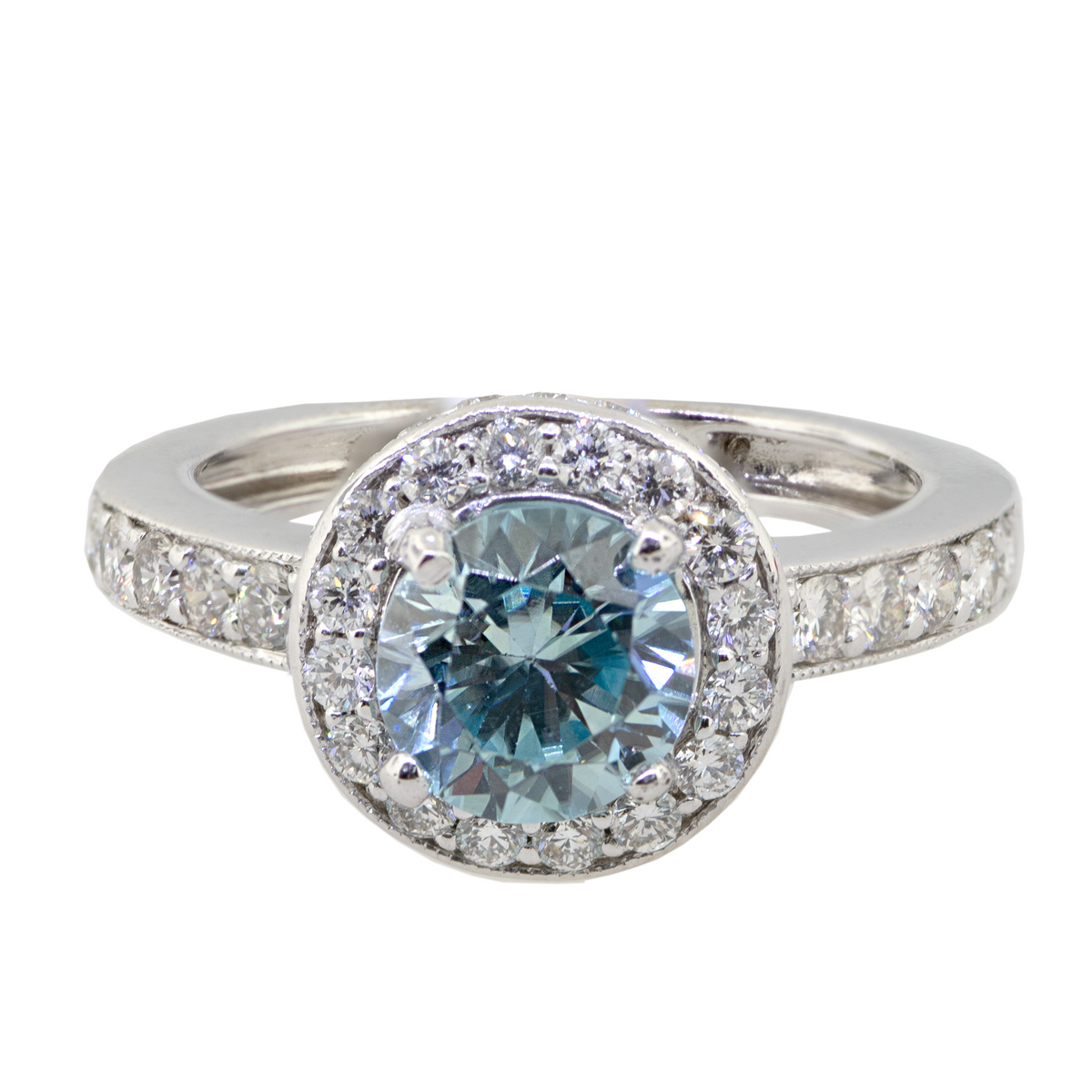 14KW 4.20 gm. Blue Zircon and  Diamond Halo Ring BL 1=1.57ct