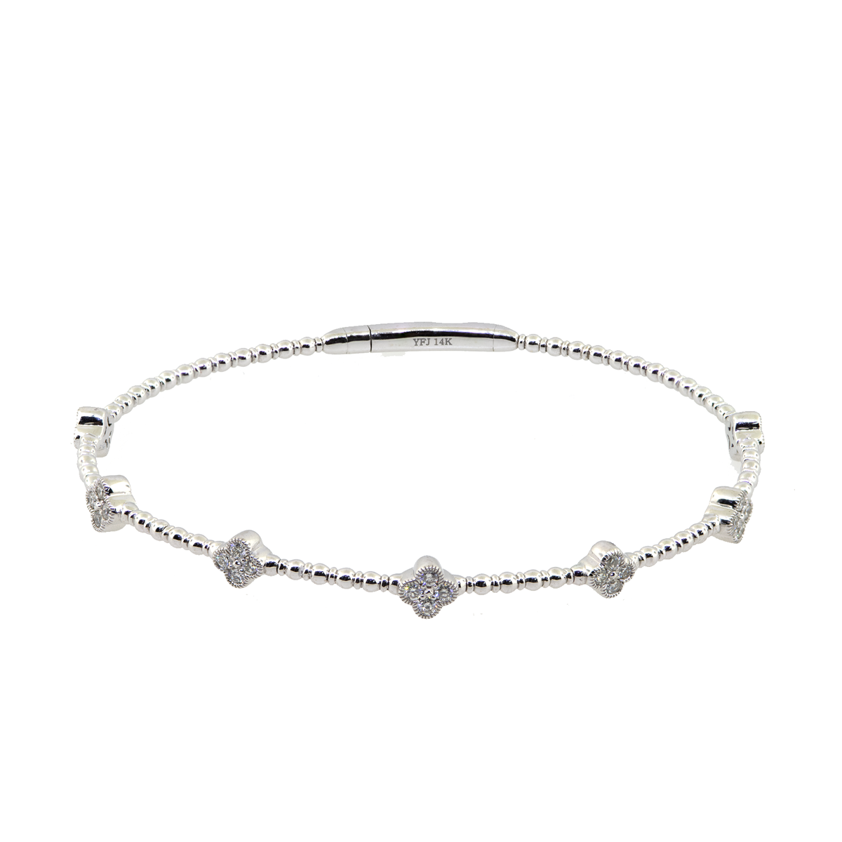 14KW Bangle Bracelet w 7 DIamond Clovers