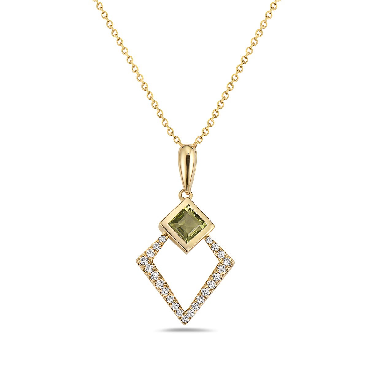Peridot and Diamond Square Pendant in 14KY