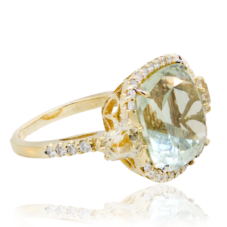 18KY 10.30 gm. Green Amethyst, Citrine & Diamond Ring