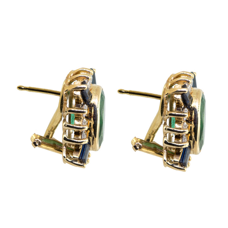 18KY 7.40 gm. Sapphire, Diamond, Emerald Earrings