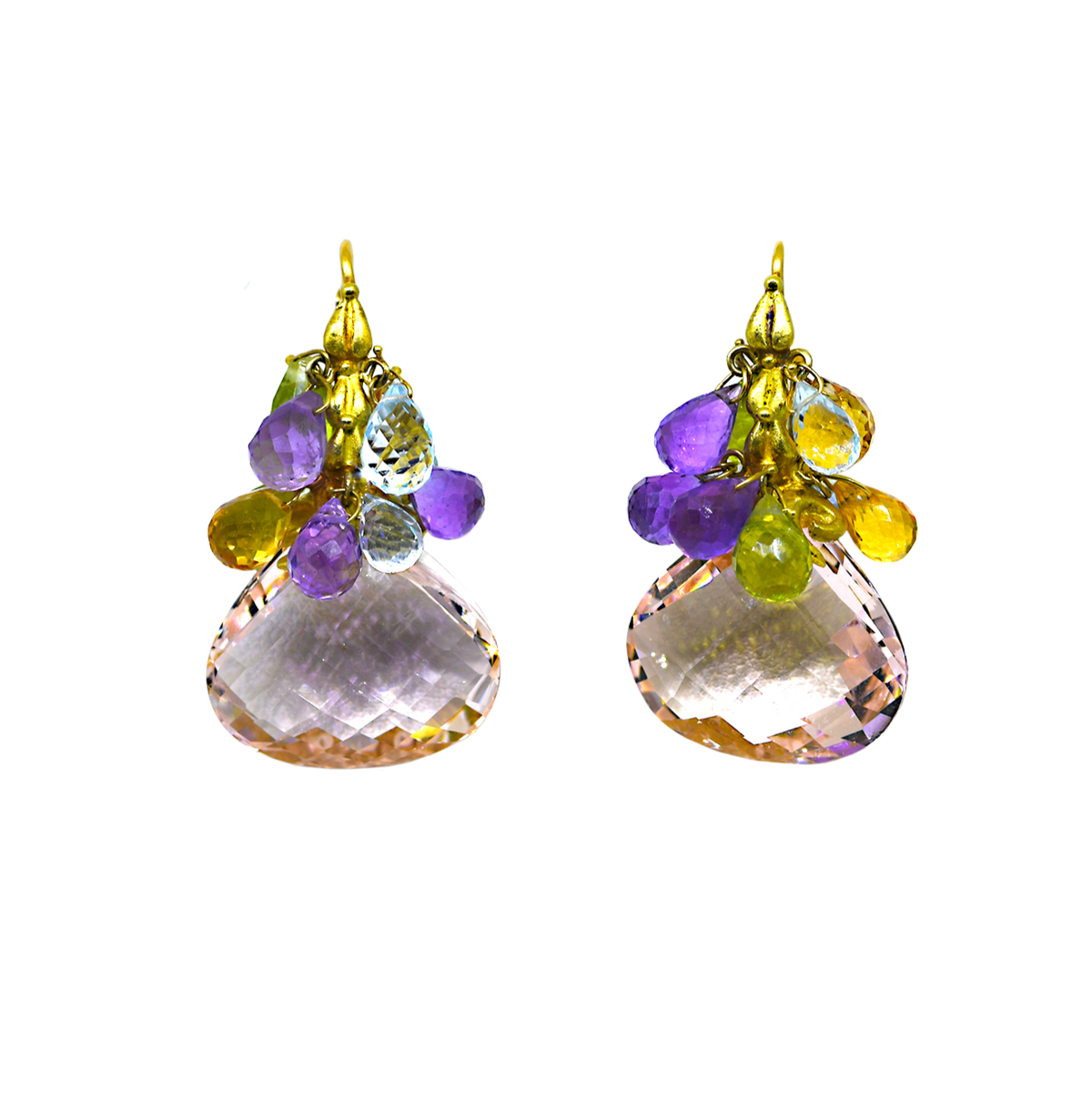 Kunzite Dangle Earrings with Multi-color Briolette