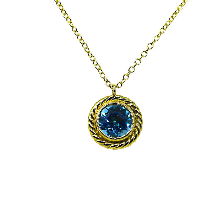 Round Blue Topaz Twisted Rope Pendant