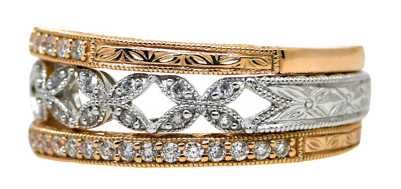 Three gold and silver bracelets on a white background