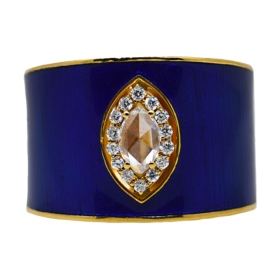 18KR Diamond Fashion Ring with Blue Enamel
