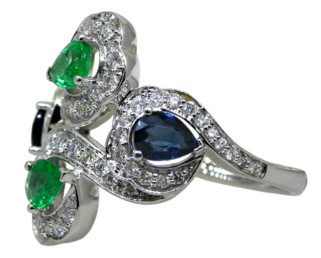 14KW Diamond Swirl Ring with Emeralds and Sapphires