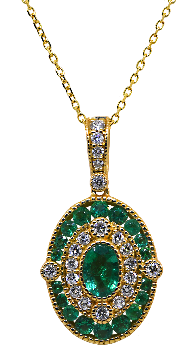 14KY Emerald and Diamond Pendant with Chain