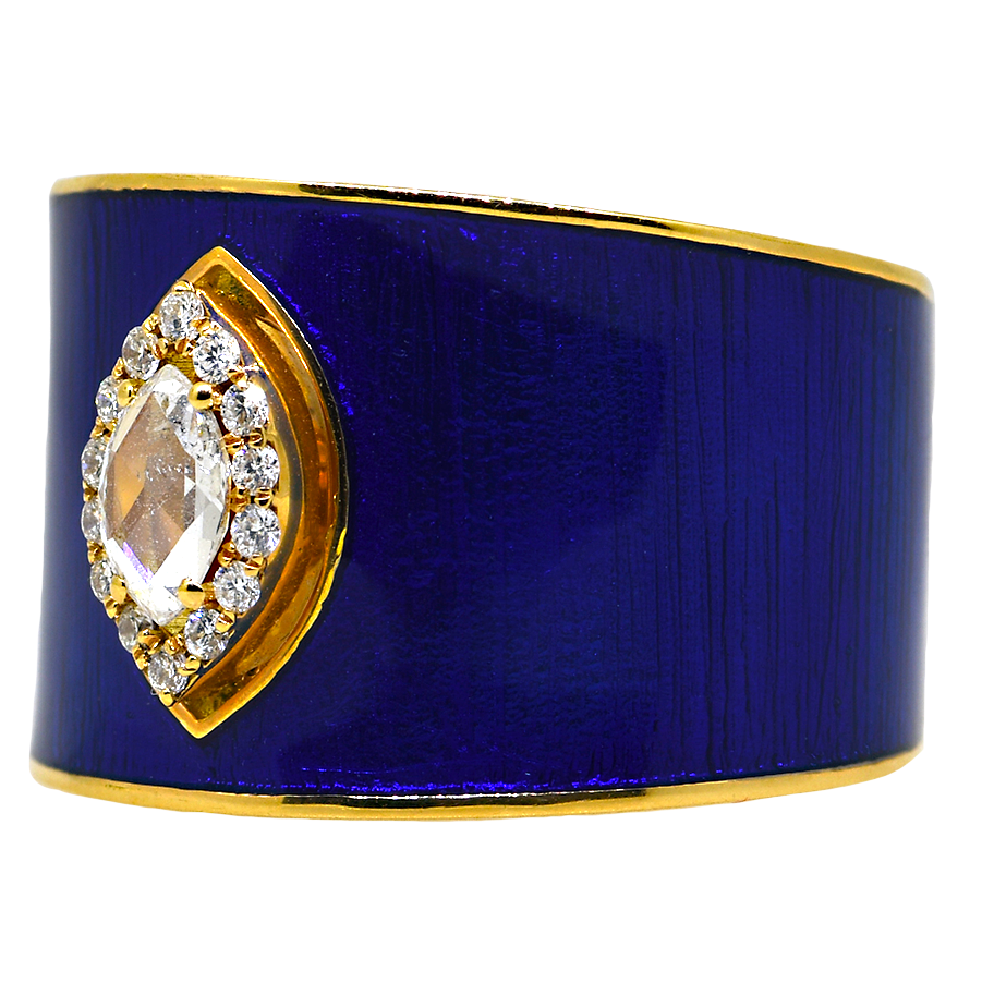 18KR Diamond Fashion Ring with Blue Enamel