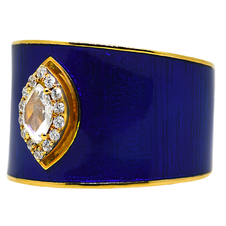 18KR Diamond Fashion Ring with Blue Enamel