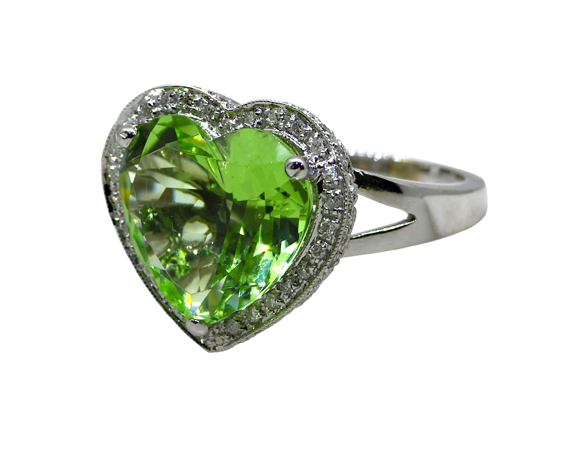 14KW Heart Shaped Hiddenite and Diamond Ring