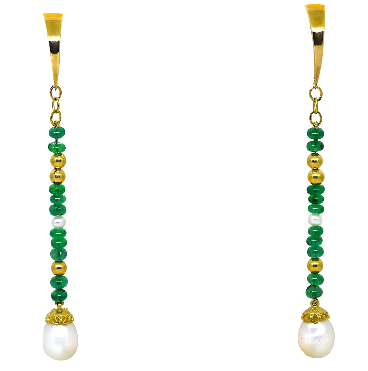 14KY Dangle Earrings with Pearls and Emerald Beads