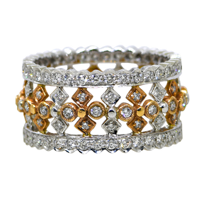 Two diamond-studded rings with gold and silver bands on a white background