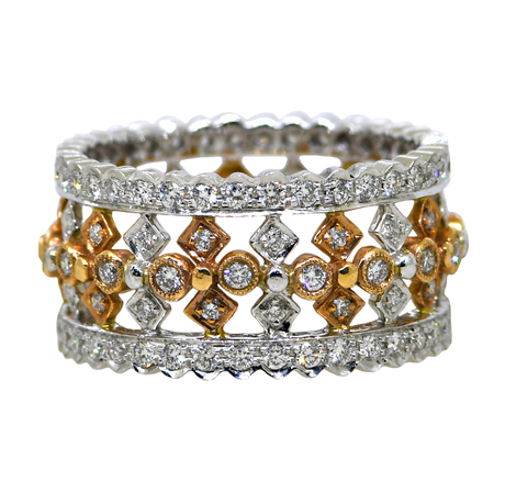 Two diamond-studded rings with gold and silver bands on a white background
