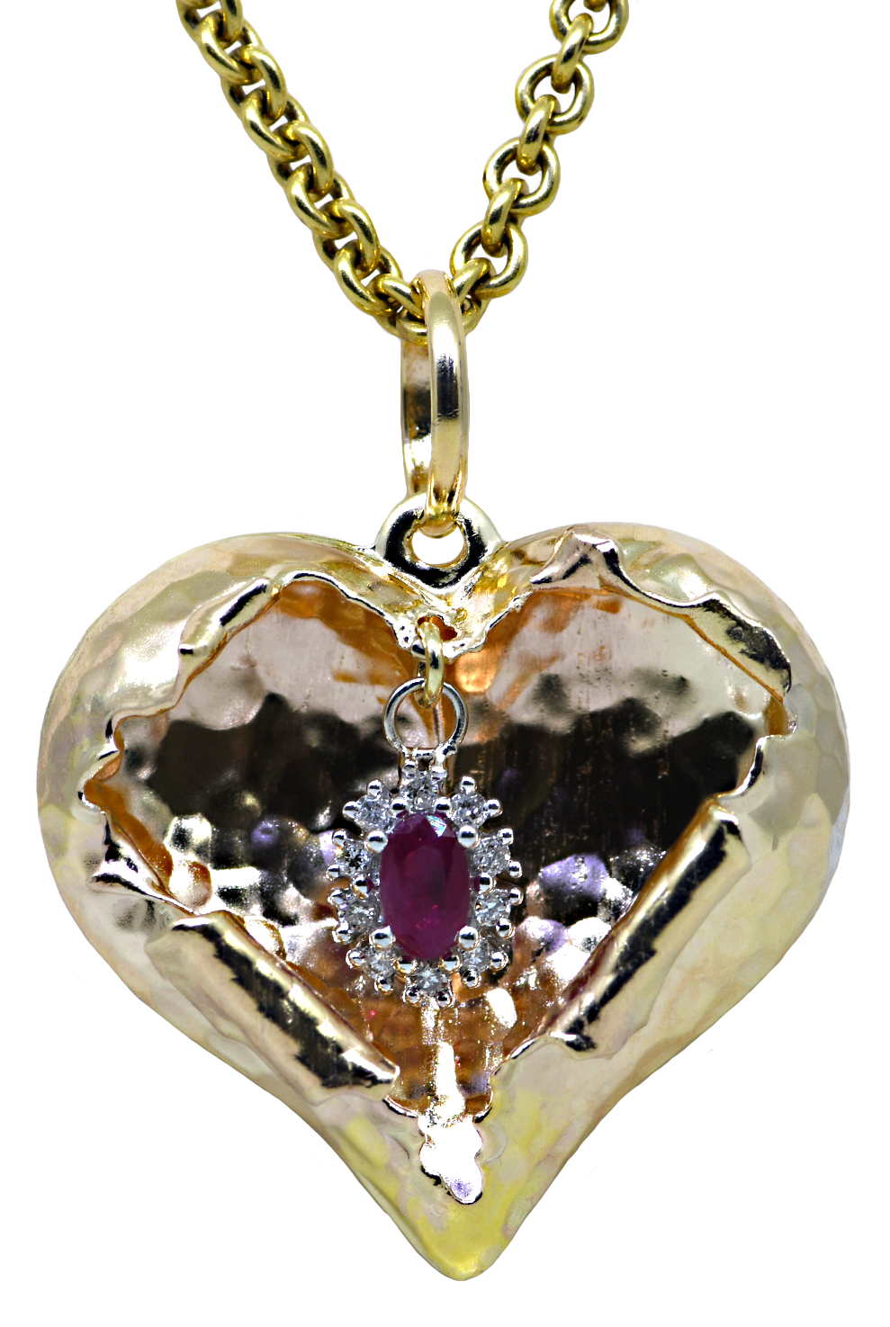 14KY Open Heart Pendant with Ruby & Diamond Dangle