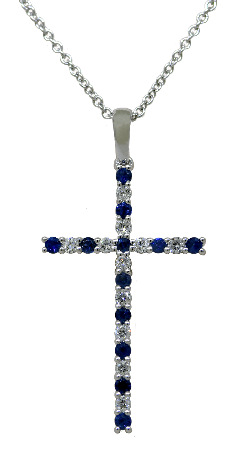 14KW Sapphire and Diamond Cross with Chain