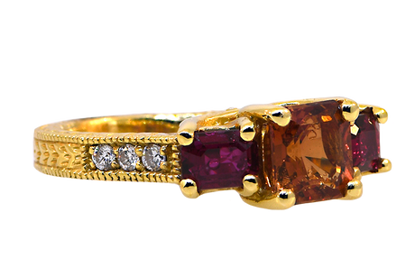 14KY Orange Sapphire and Ruby Ring with Diamonds