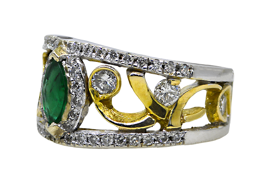 14K Two Tone Emerald and Diamond Gold Ring