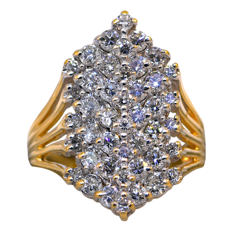 Gold ring with a cluster of diamonds on a white background