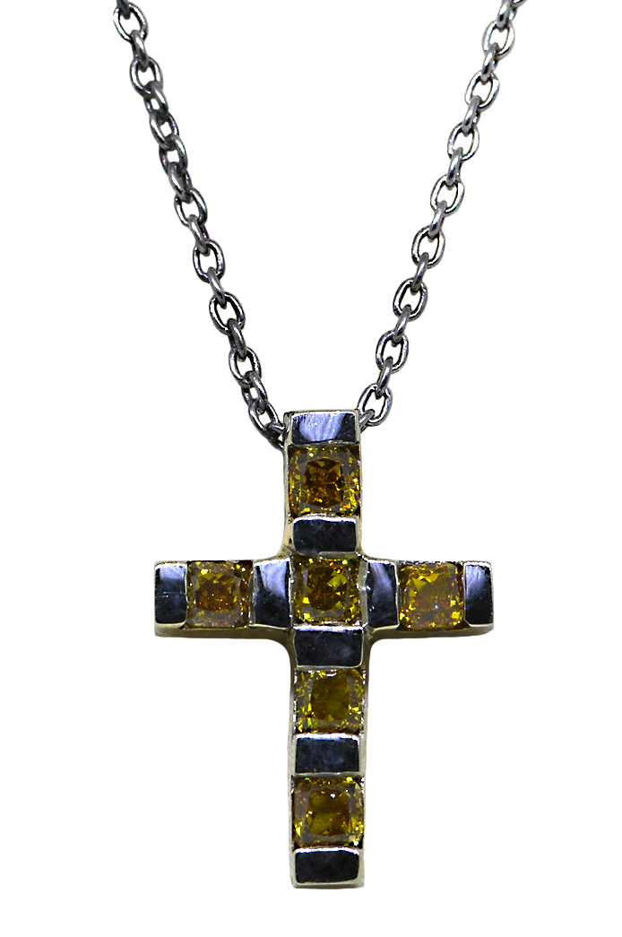 14KW Diamond Cross Pendant with Natural Vivid Yellow Diamond