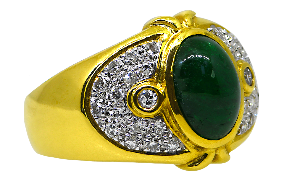 18K Emerald Cabochon & Diamond Ring