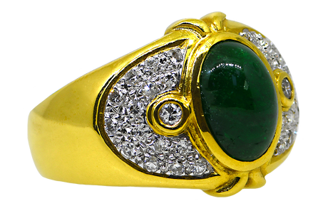 18K Emerald Cabochon & Diamond Ring